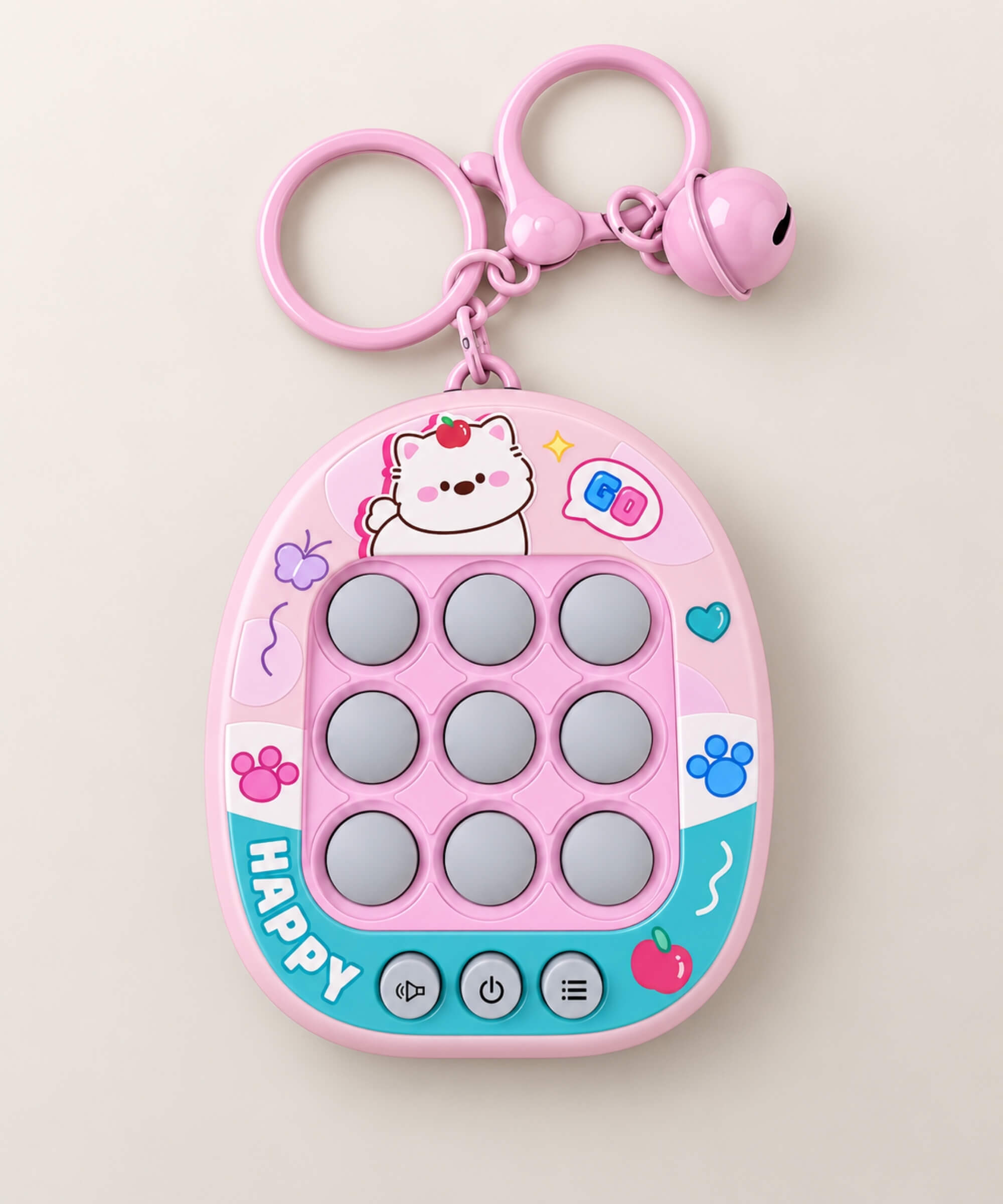 Pink 3-in-1 Tic Tac Toe game keychain with nine game buttons