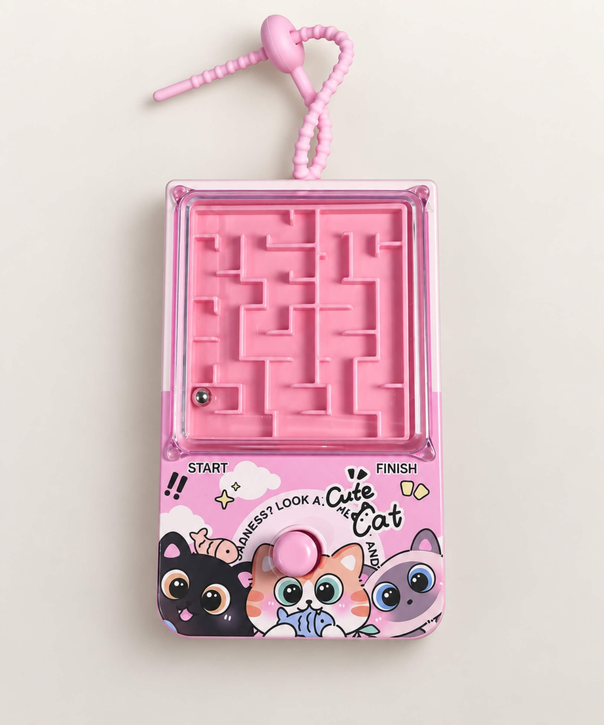 Pink Cat Ball Maze Game Keychain with start and finish maze