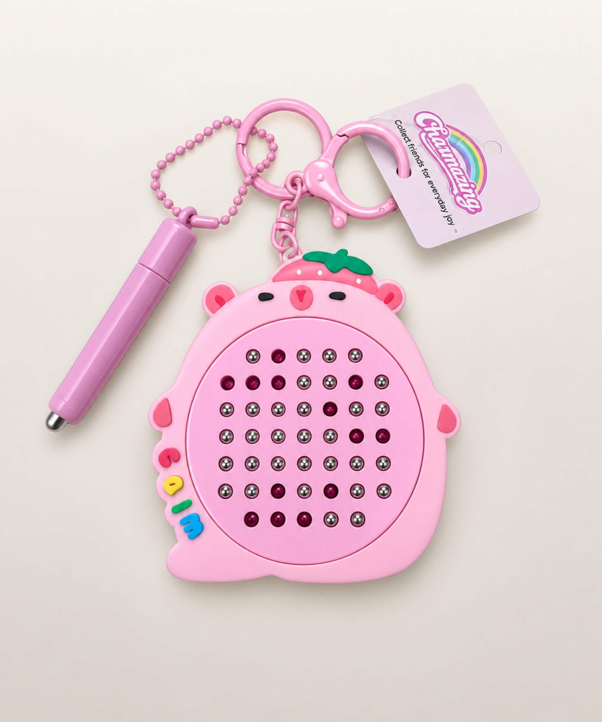 Pink Strawberry capybara magnetic bead drawing keychain with magnetic pen