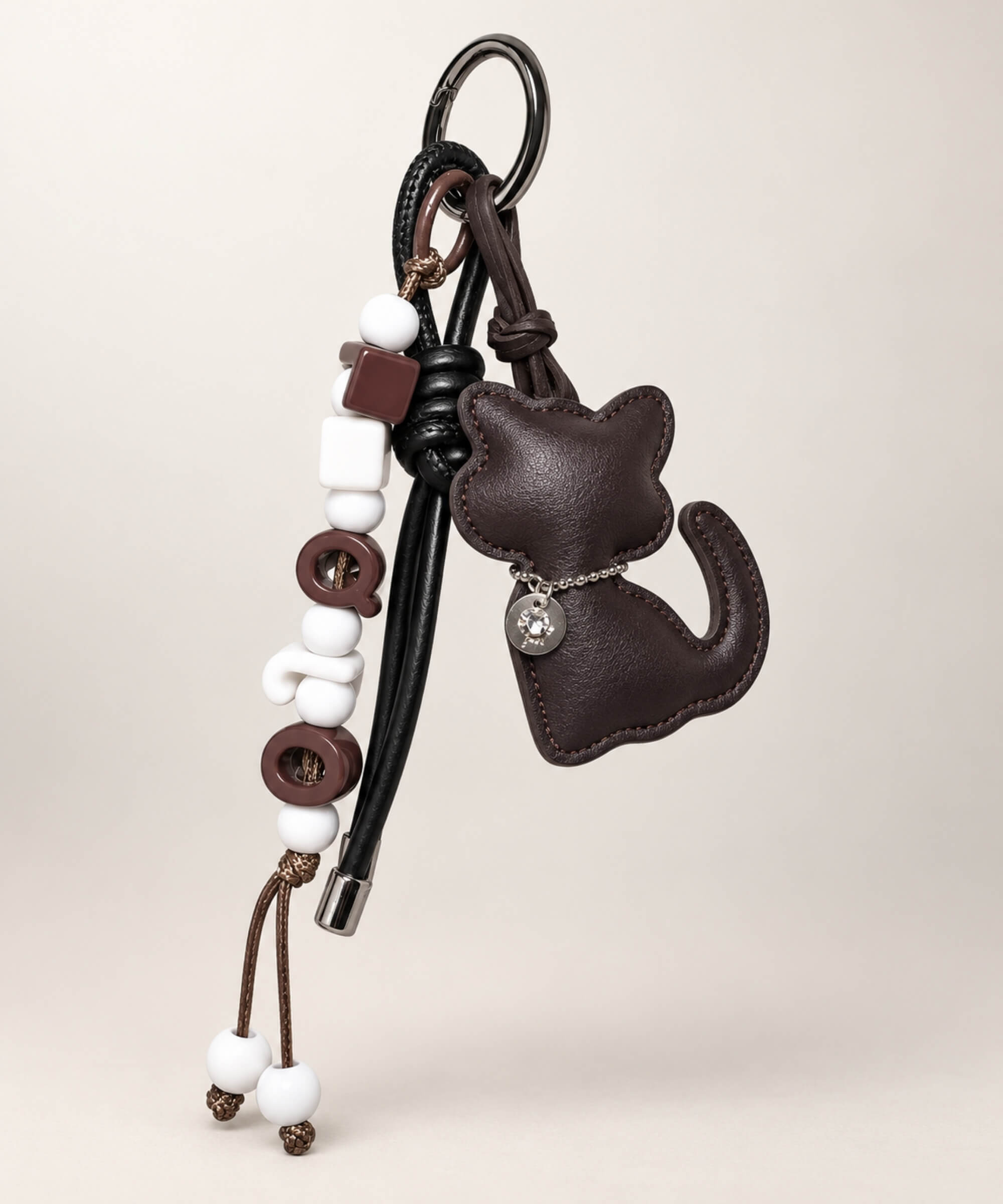 Dark Brown cat PU leather bag charm keychain with decorative beaded cord detail
