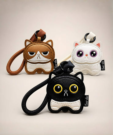 Cute Kitty faux leather bag charm keychains in brown, white and black on a clean studio background.