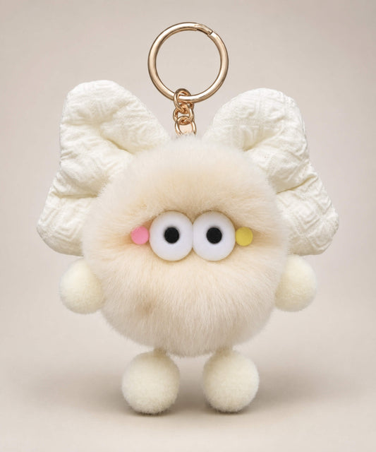 Cream fluffy bow plush keychain with soft furry body and cute wide-eye details