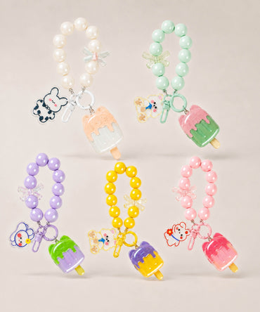 Ice cream beaded keychains in assorted colour options displayed together on a neutral background