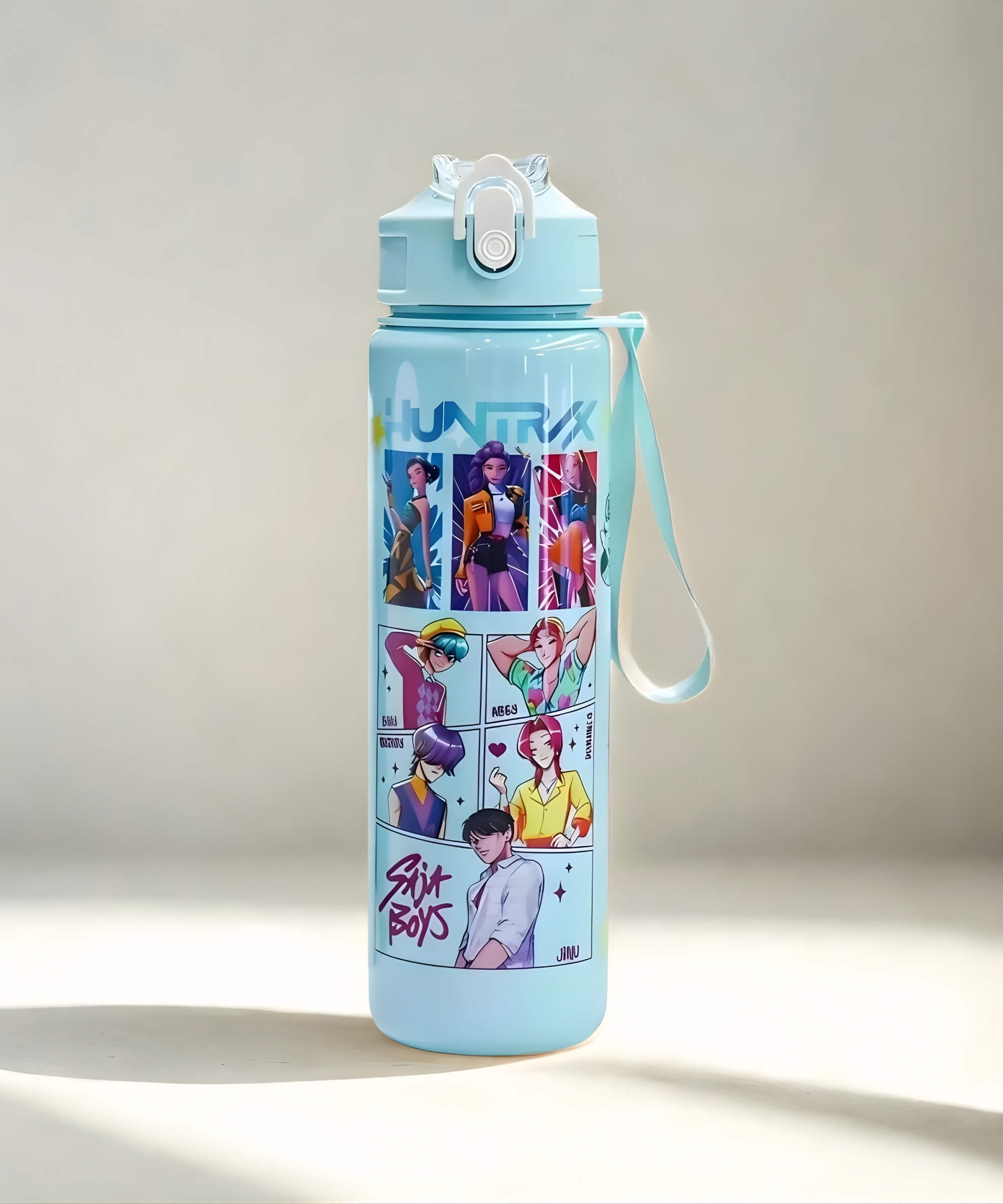 Green K-Pop Demon Hunter style straw water bottle – 700ml flip-top lid with character artwork