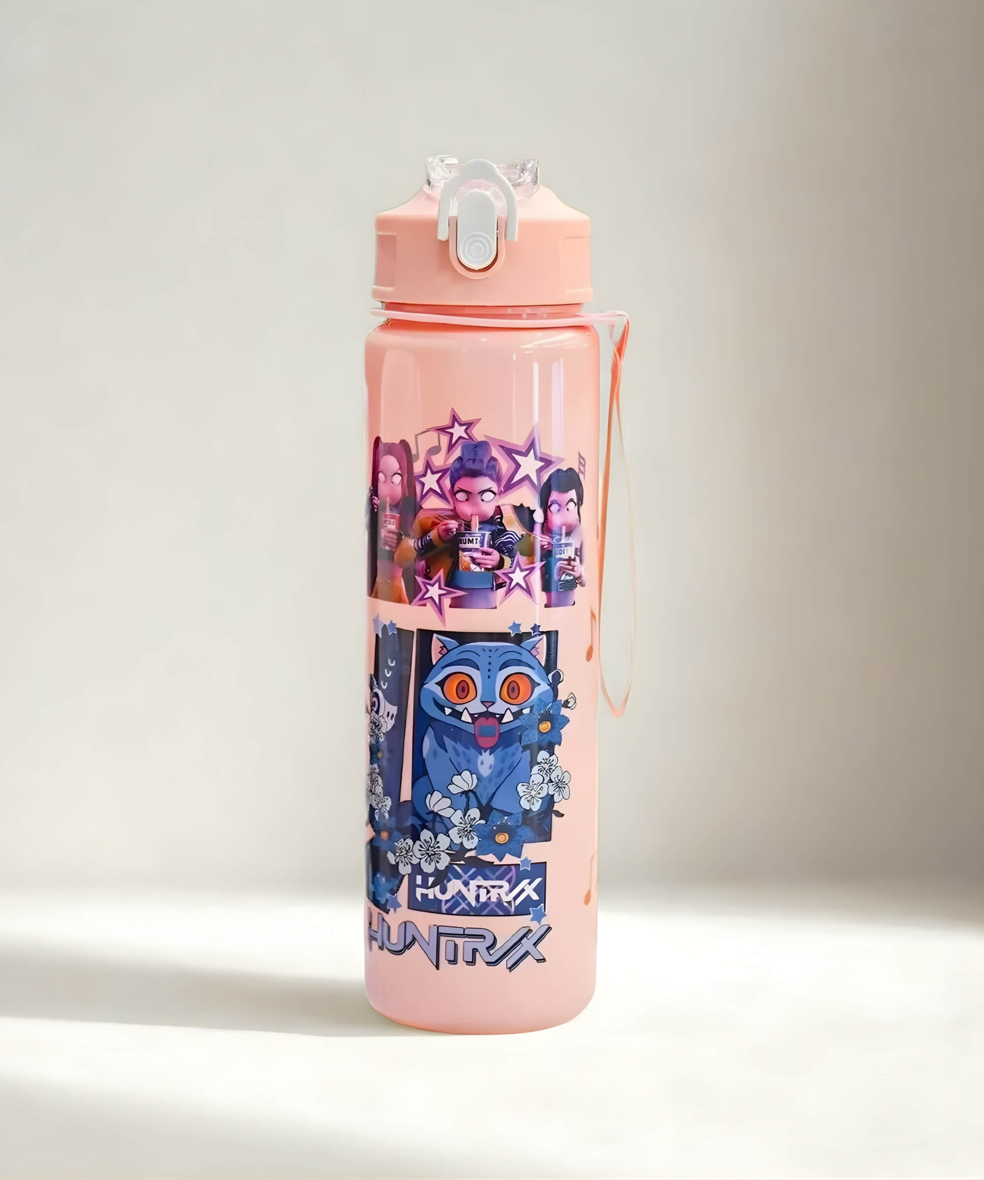 Pink K-Pop Demon Hunter style straw water bottle with flip-top lid and carry strap, 700ml kids water bottle