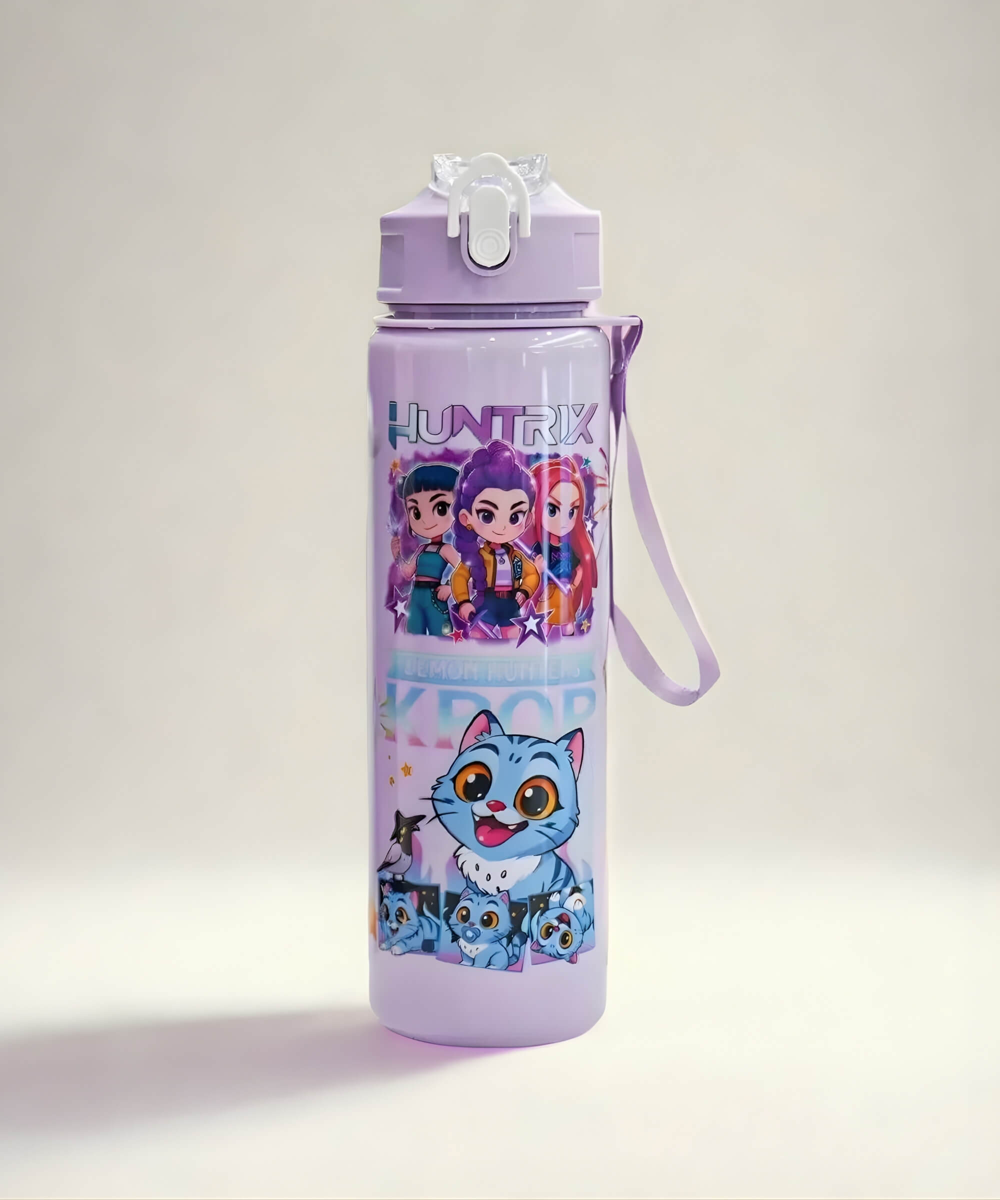 Purple K-Pop Demon Hunter style straw water bottle with flip-top lid and carry strap, 700ml kids water bottle