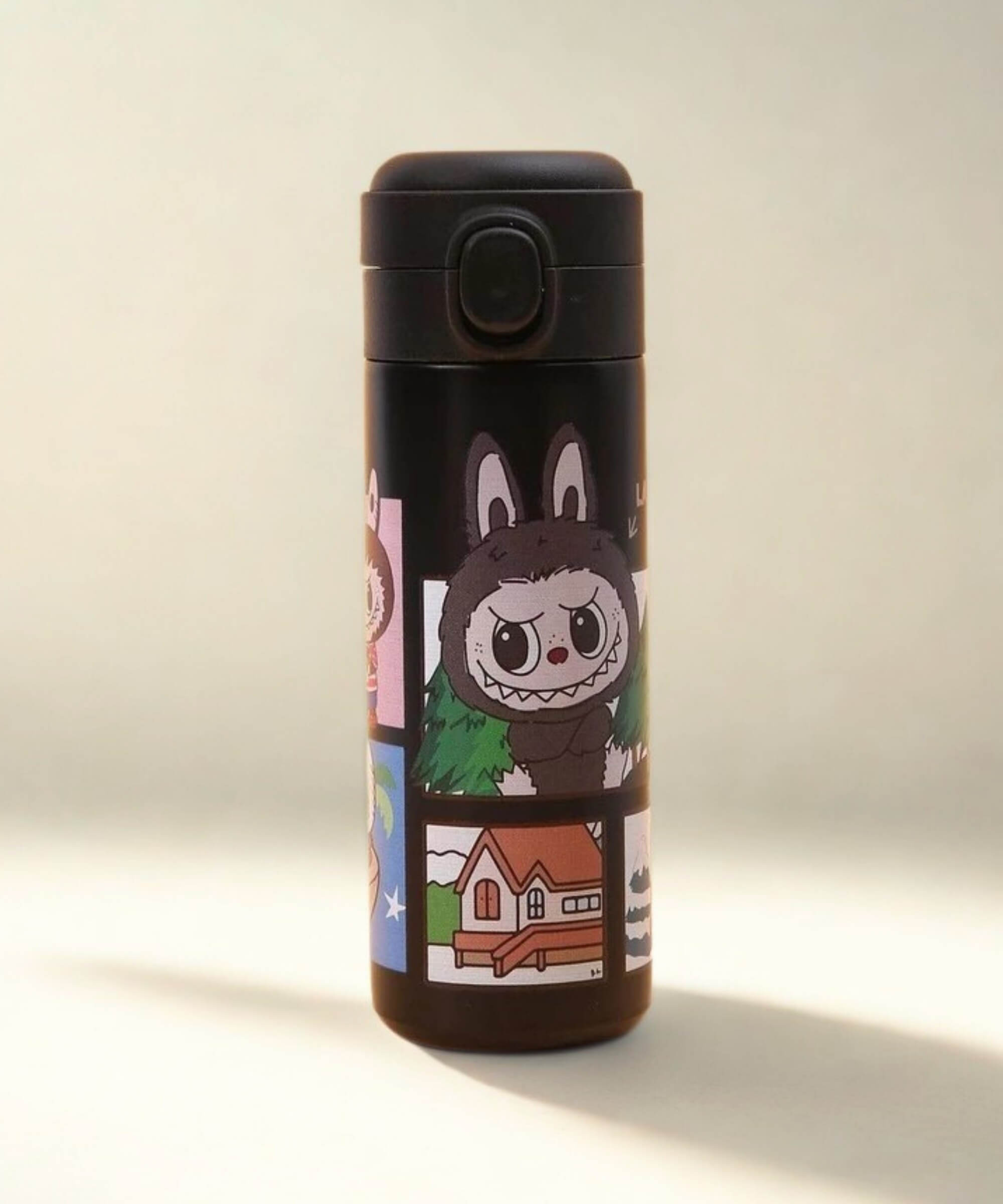 Charmazing Labubu style insulated water bottle black 420ml stainless steel thermal kids drink bottle