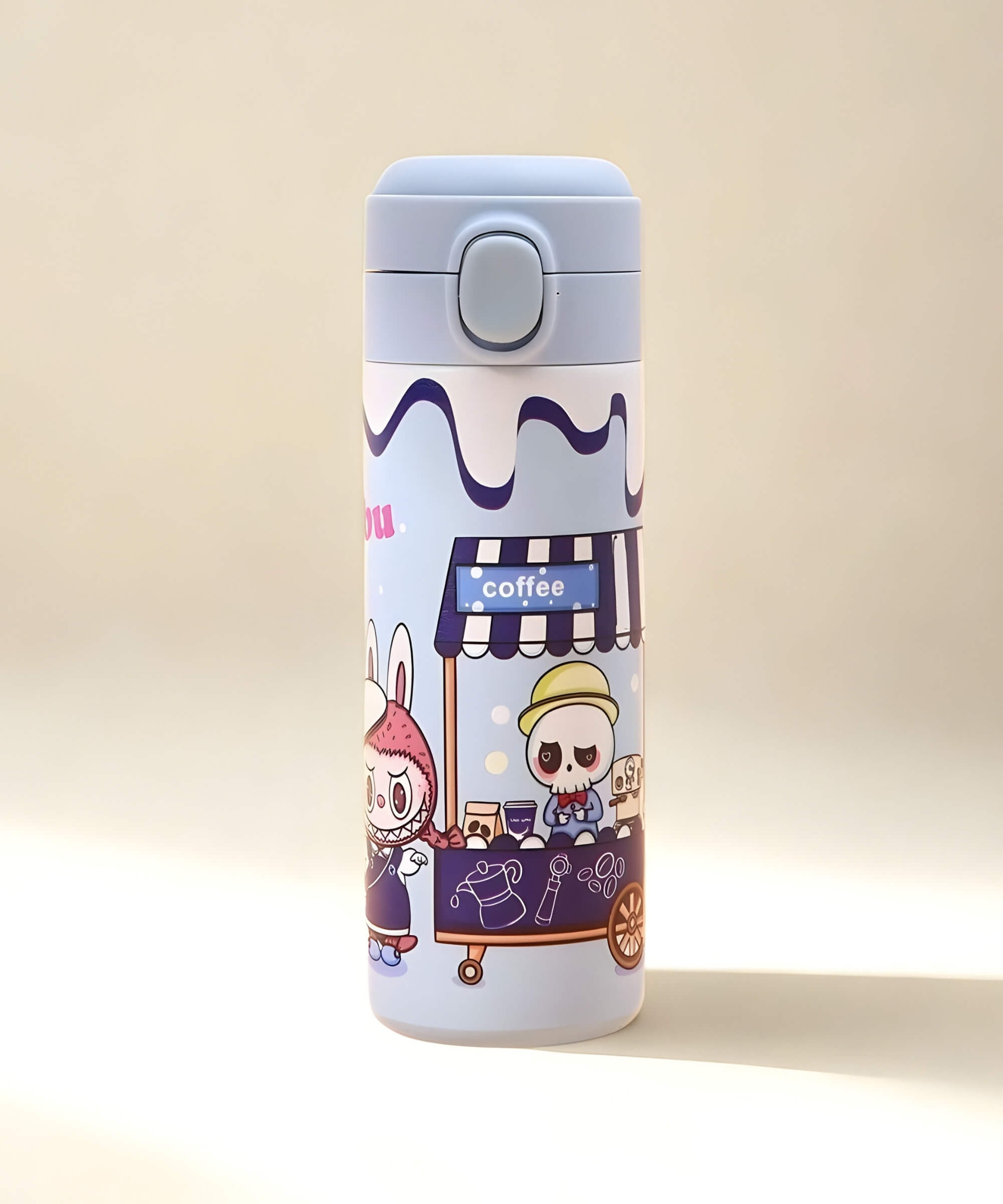 Charmazing Labubu style insulated water bottle blue 420ml stainless steel thermal bottle kids drink bottle