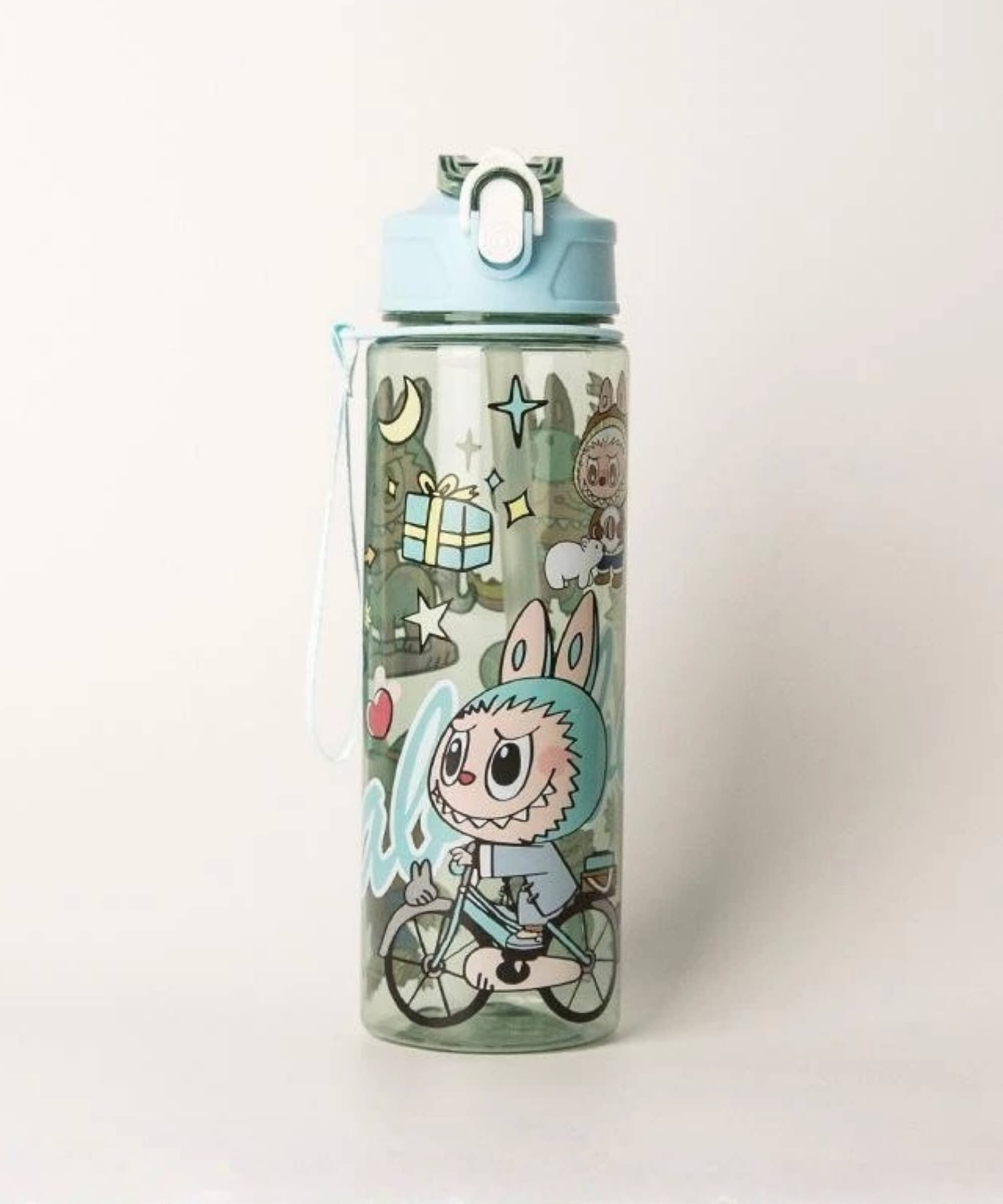 Charmazing Labubu style straw water bottle green 750ml flip-top kids drink bottle with cute character graphics