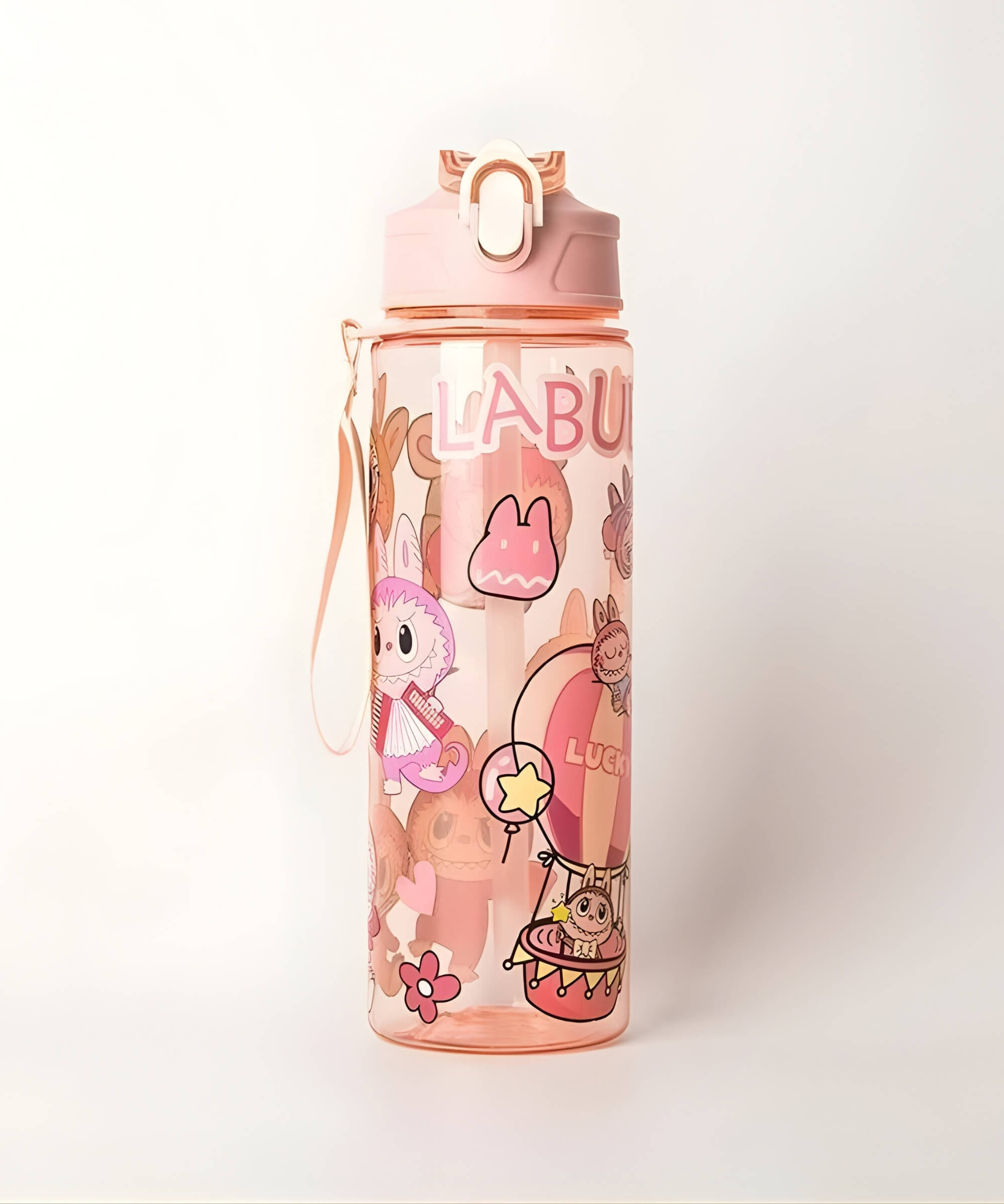 Charmazing Labubu style straw water bottle peach 750ml flip-top kids drink bottle with cute character design