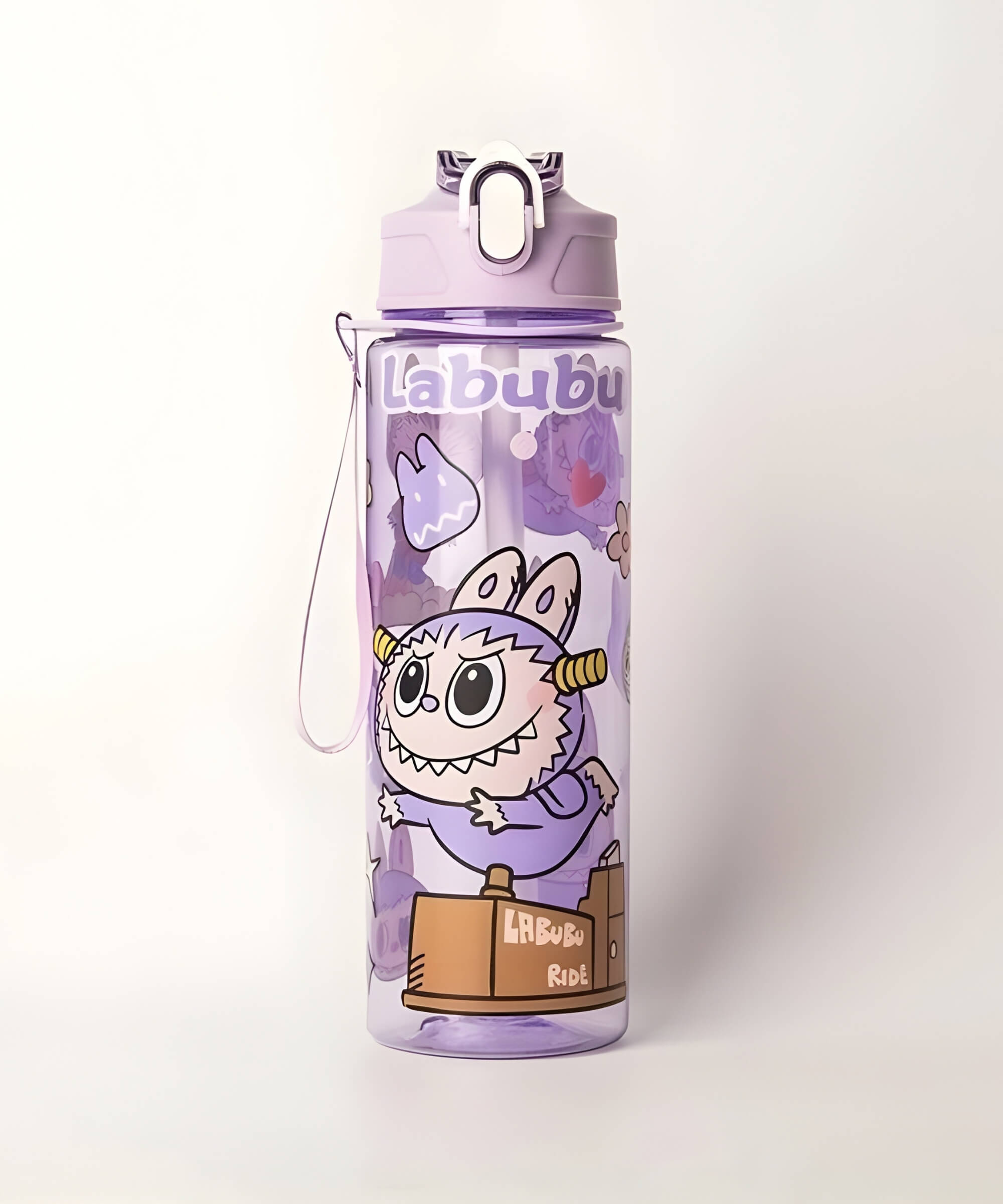 Charmazing Labubu style straw water bottle purple 750ml flip-top kids drink bottle with cartoon character design