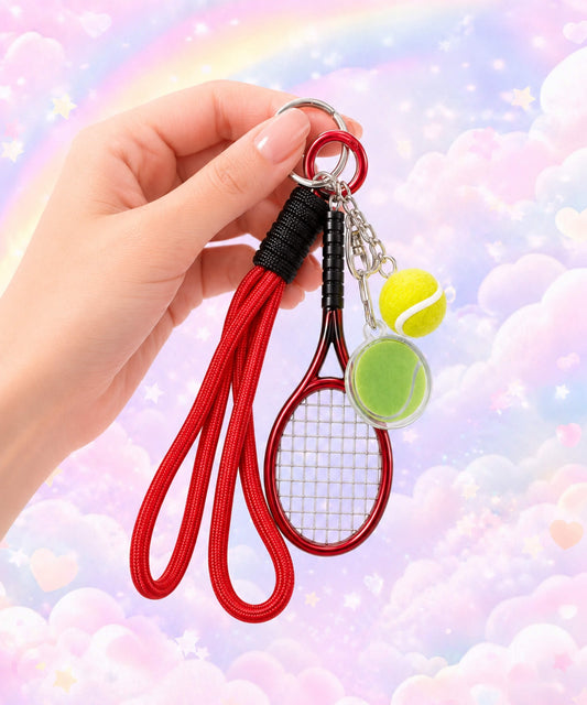 Red tennis charm set rope keychain held in hand with mini racket, tennis ball charms and rope strap on a rainbow cloud background