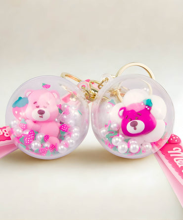 Strawberry bear shaker keychain set with floating beads inside clear round charm