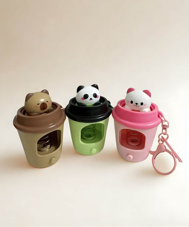 Pop-up coffee cup LED keychain light-up spring animal bag charm capybara panda cat
