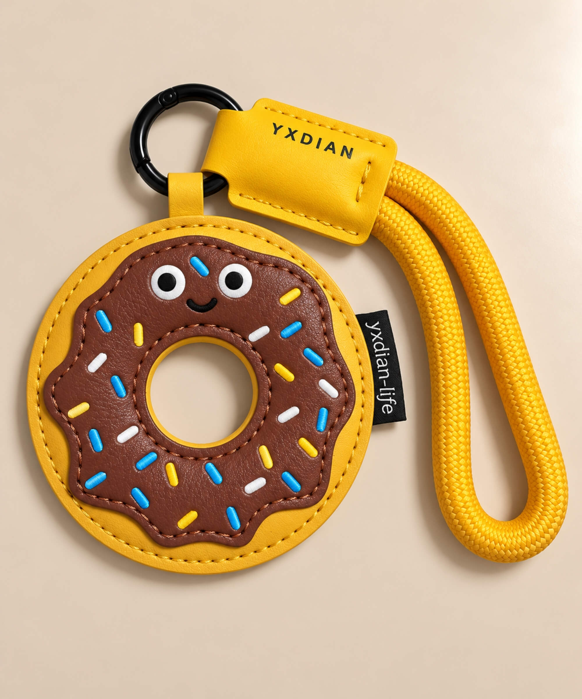 Chocolate Donut PU leather bag charm keychain with colourful sprinkles and yellow rope loop