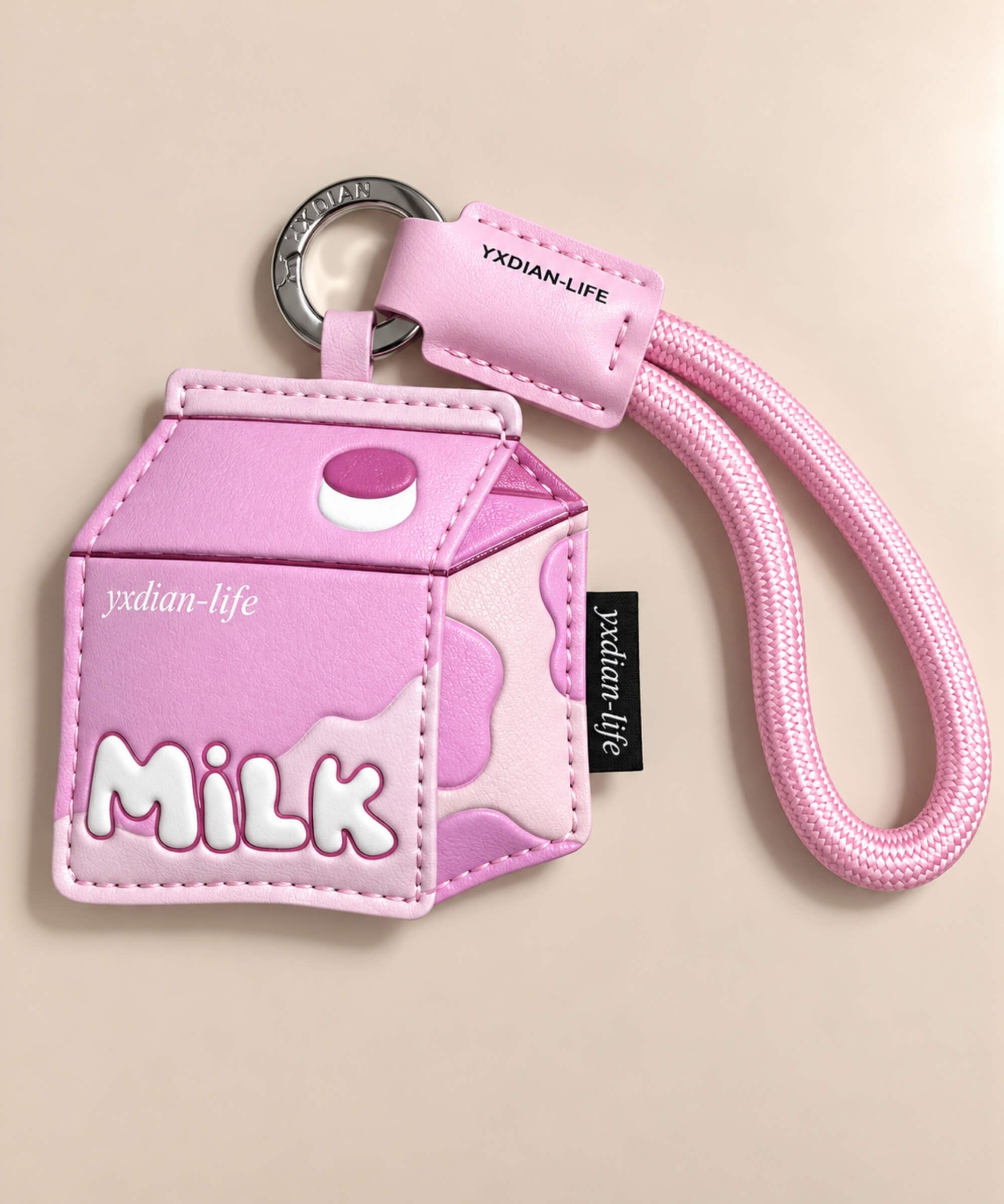 Strawberry Milk PU leather bag charm keychain with pink rope loop