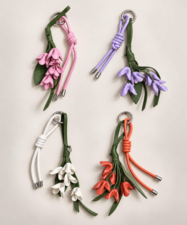 Floral PU leather bag charm keychains in pink purple white and orange