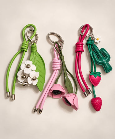 Poppy Jasmine and Strawberry Cactus PU leather-look bag charm keychain designs
