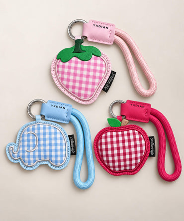 Gingham PU leather bag charm keychains in strawberry, apple and elephant designs