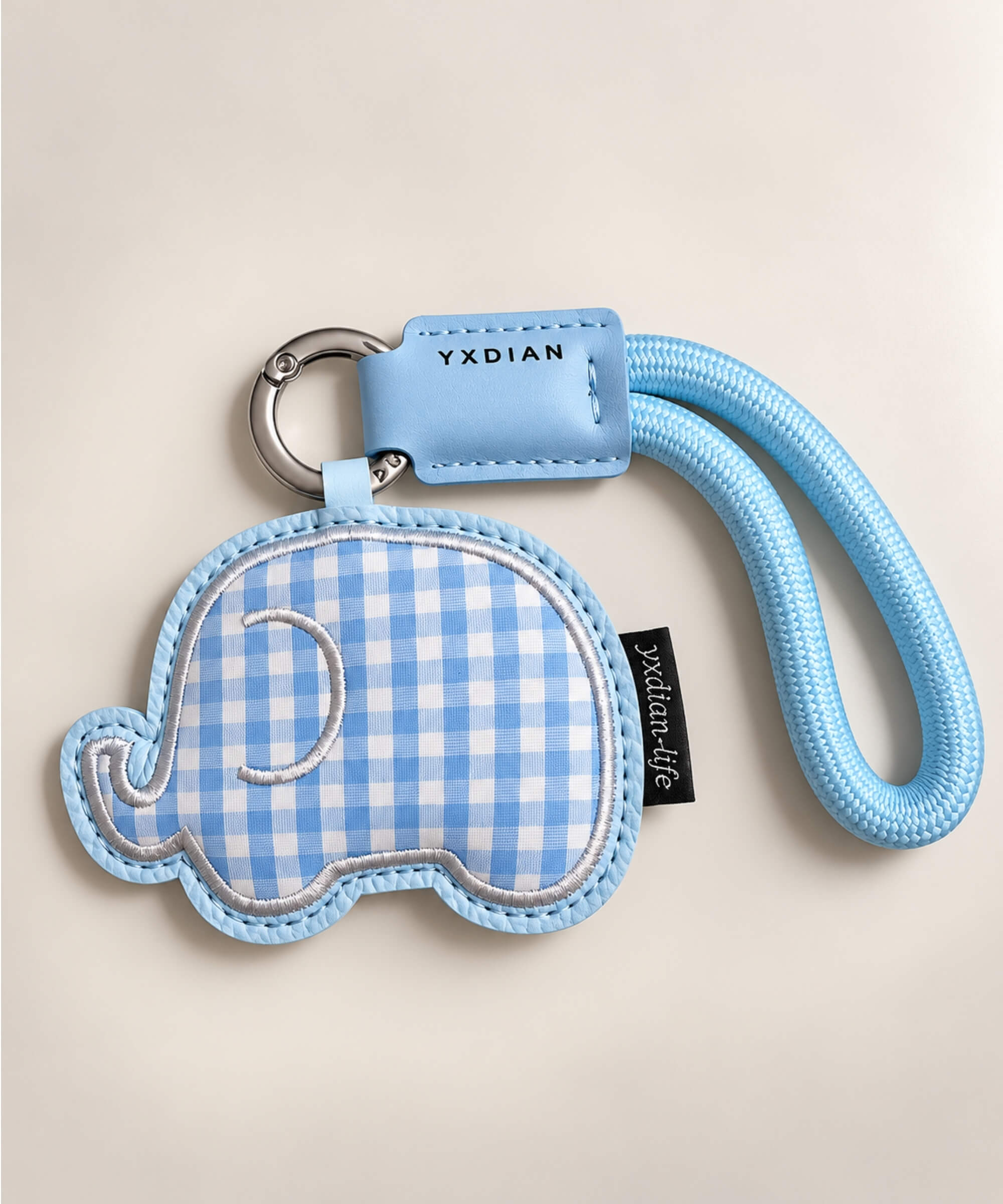 Blue gingham elephant PU leather bag charm keychain with blue wrist loop