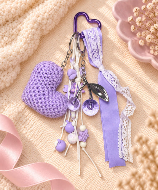Purple heart crochet keychain with lace ribbons beads and hanging charms
