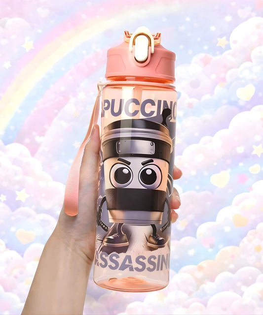 Italian brainrot style water bottle with ninja coffee character design held in hand, 750ml flip top bottle with pastel background