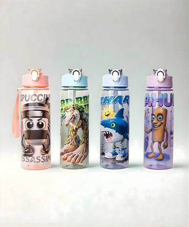 Italian brainrot style water bottle 750ml flip top kids drink bottle pink green blue purple character design