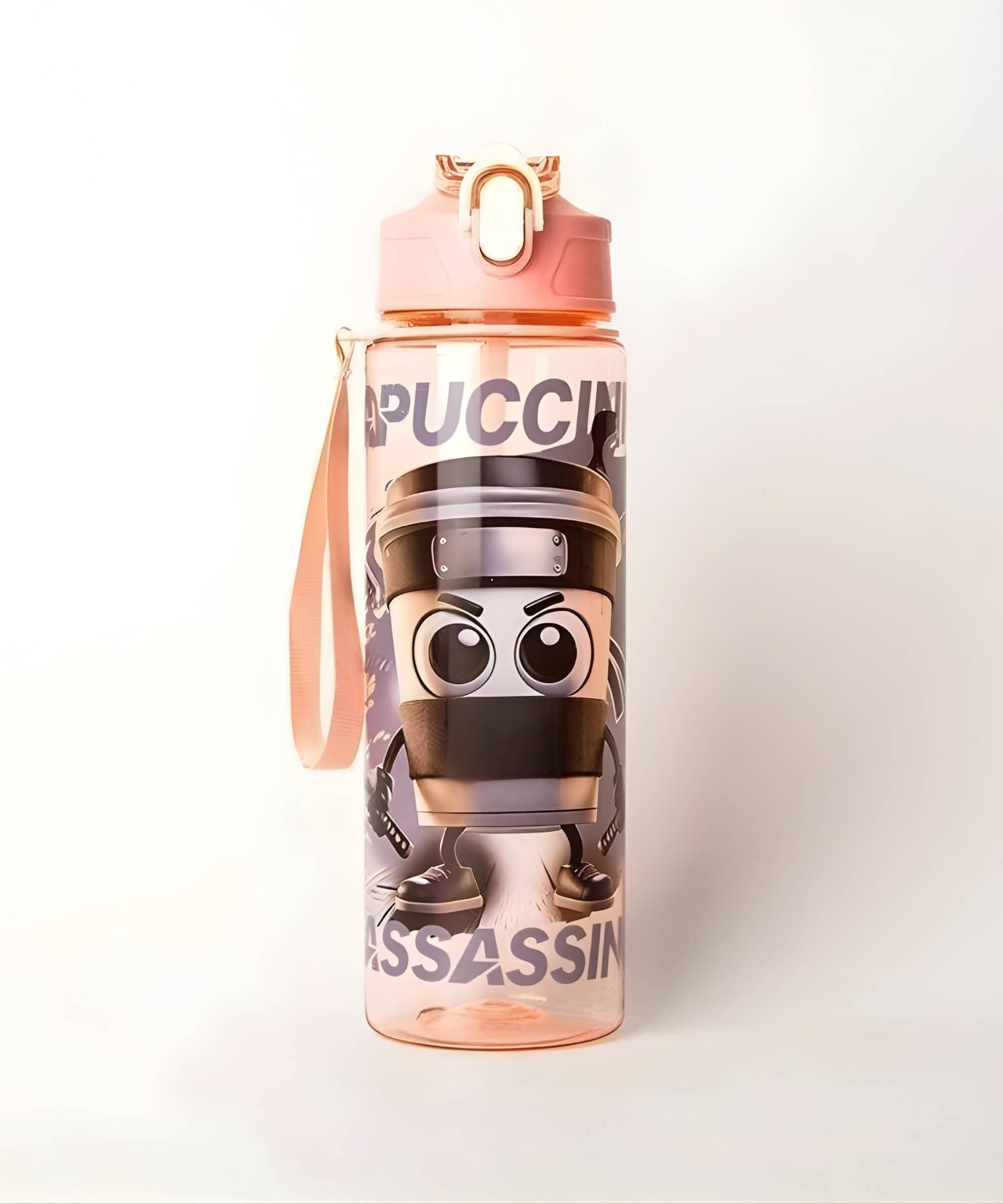 Italian brainrot pink water bottle 750ml flip top kids straw bottle Cappuccino Assassino character design