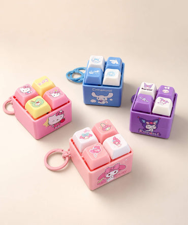 Light-up sound button keychain collection featuring Hello Kitty, My Melody, Kuromi and Cinnamoroll designs