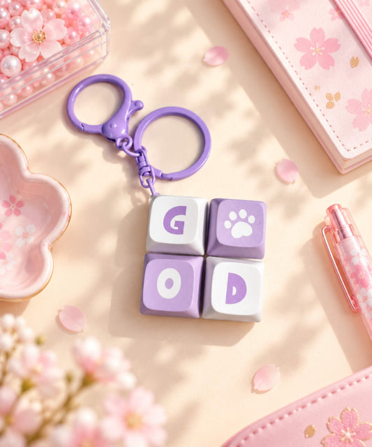 Purple Good mini keyboard fidget keychain styled on a soft pink background