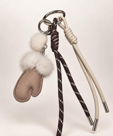 Taupe mitten PU leather bag charm keychain with fluffy faux fur trim and rope cords
