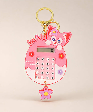 Pink fox calculator keychain with mini maze game and flower charm