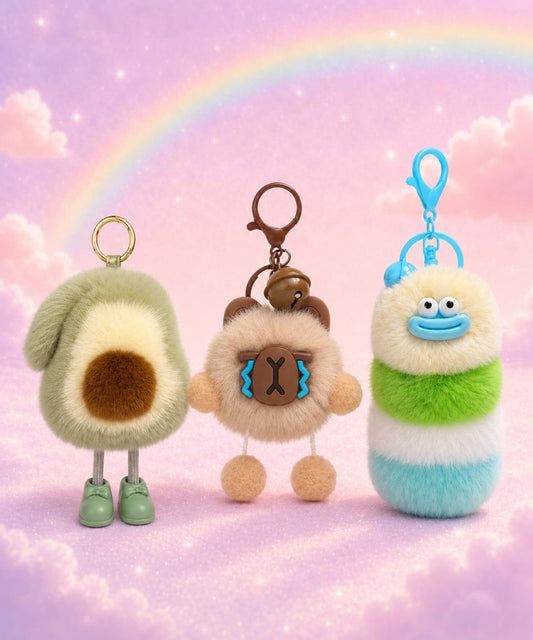 Plush keychains collection with avocado, capybara and fluffy caterpillar bag charms