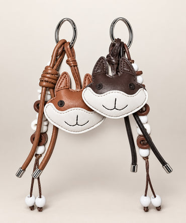 Light brown and dark brown rabbit PU leather-look bag charm keychains
