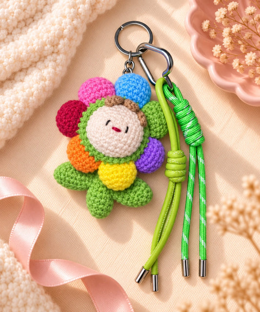 Rainbow flower crochet keychain with colourful petals and green hanging cords