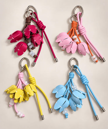 Tulip PU leather bag charm keychains in red pink yellow and blue