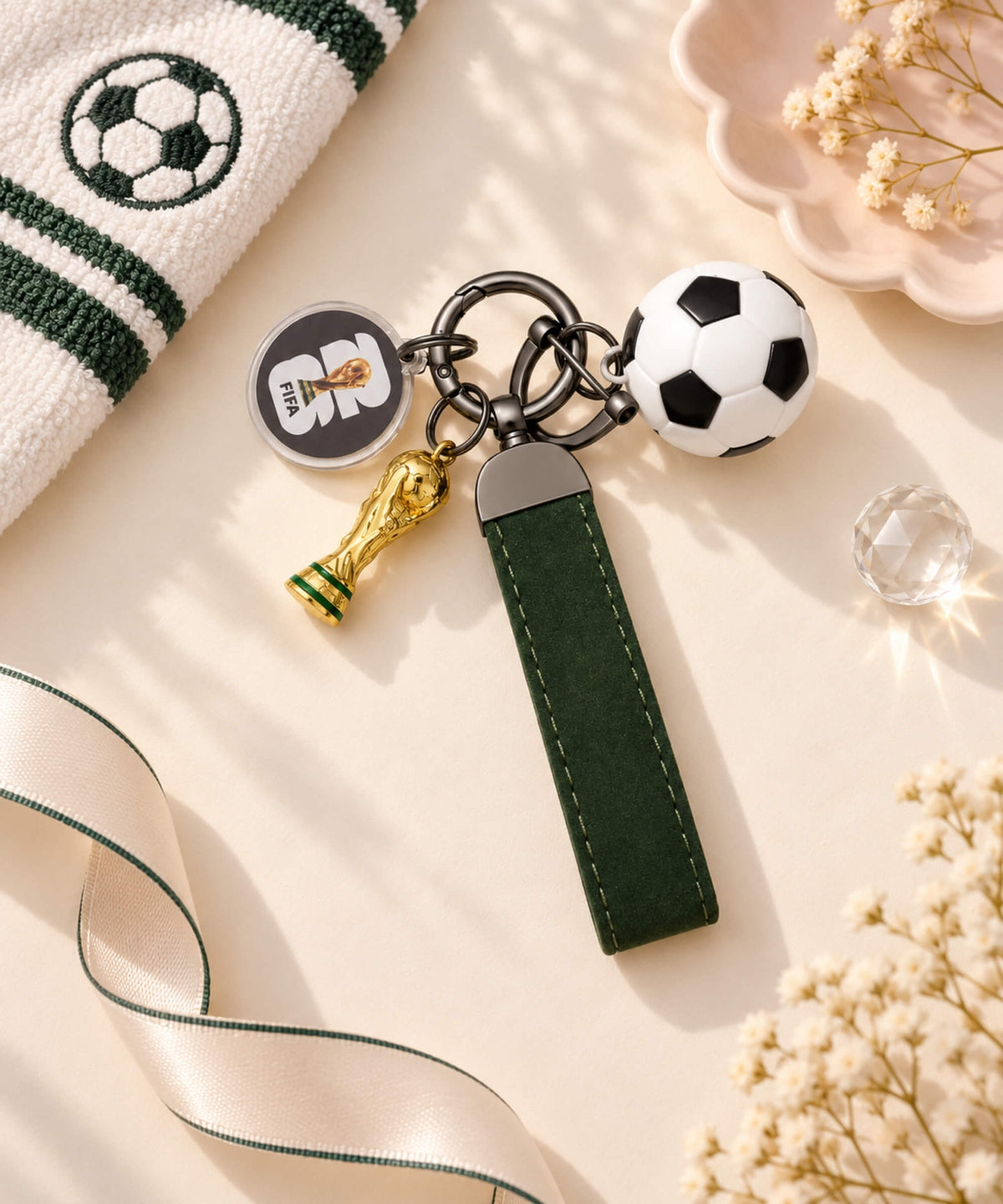2026 World Cup inspired football keychain with soccer ball charm, trophy charm, green strap and black hardware