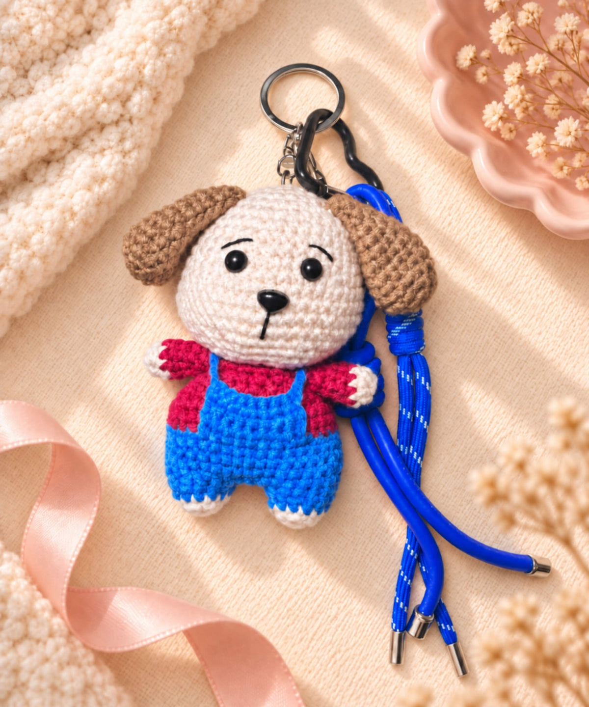 Blue overalls puppy crochet keychain with blue hanging cords