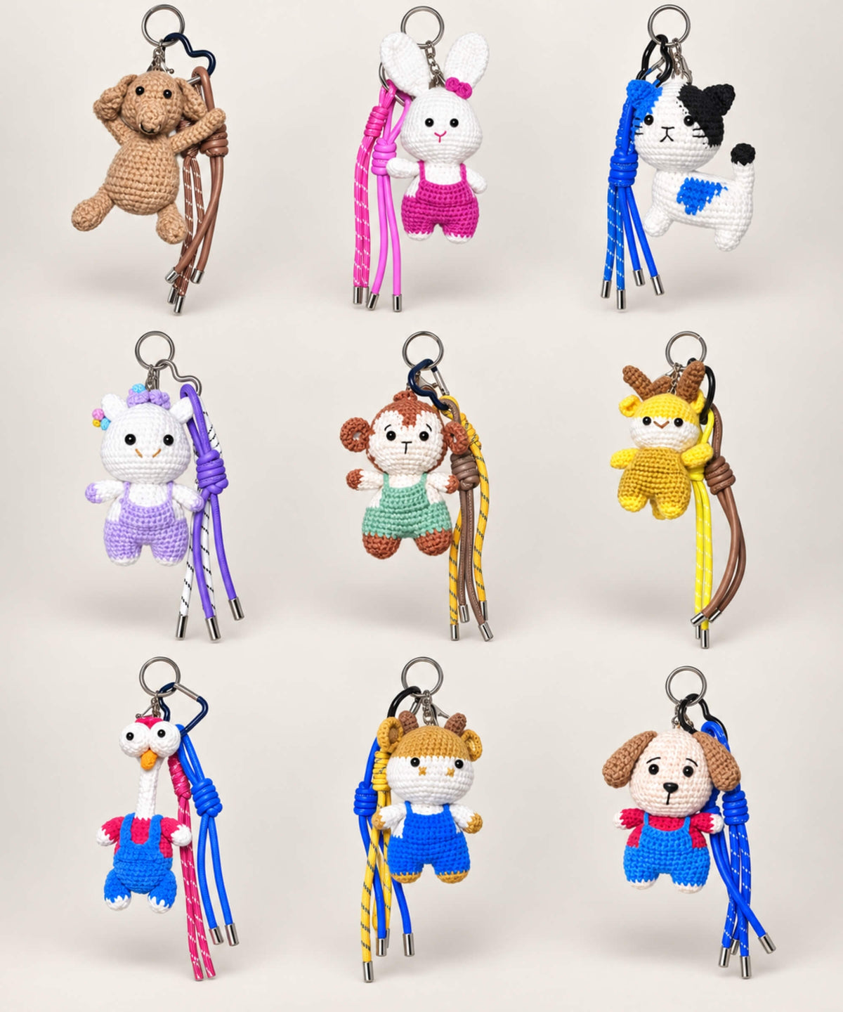 Animal crochet keychain collection with nine colourful character designs
