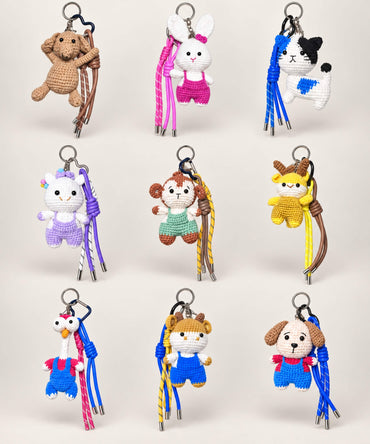 Animal crochet keychain collection with nine colourful character designs