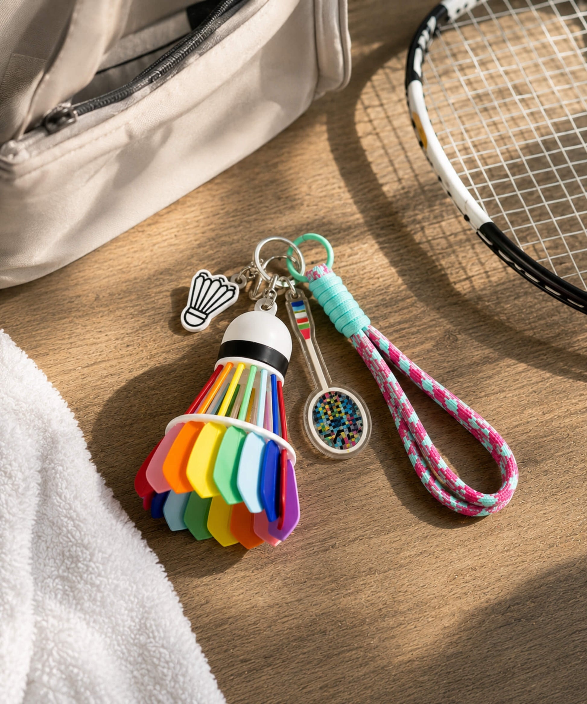 Badminton shuttlecock rope keychain styled on a wooden bench beside a badminton racket and sports bag