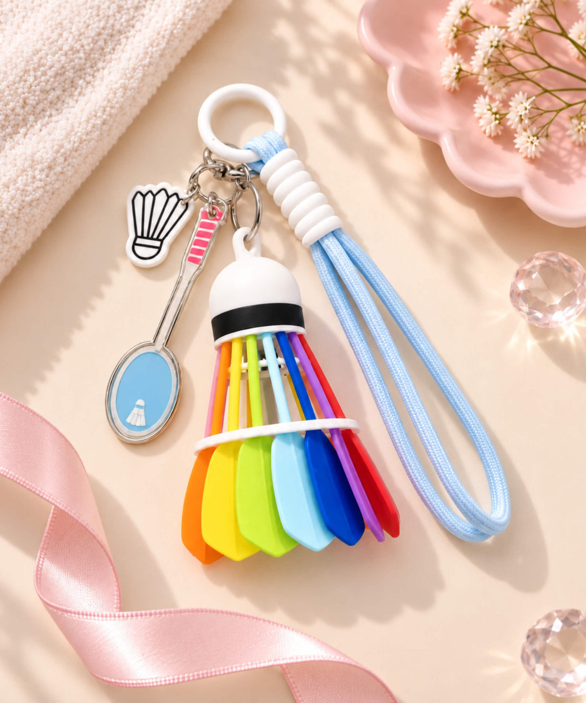Badminton shuttlecock rope keychain with rainbow shuttlecock charm, racket charm and light blue rope strap