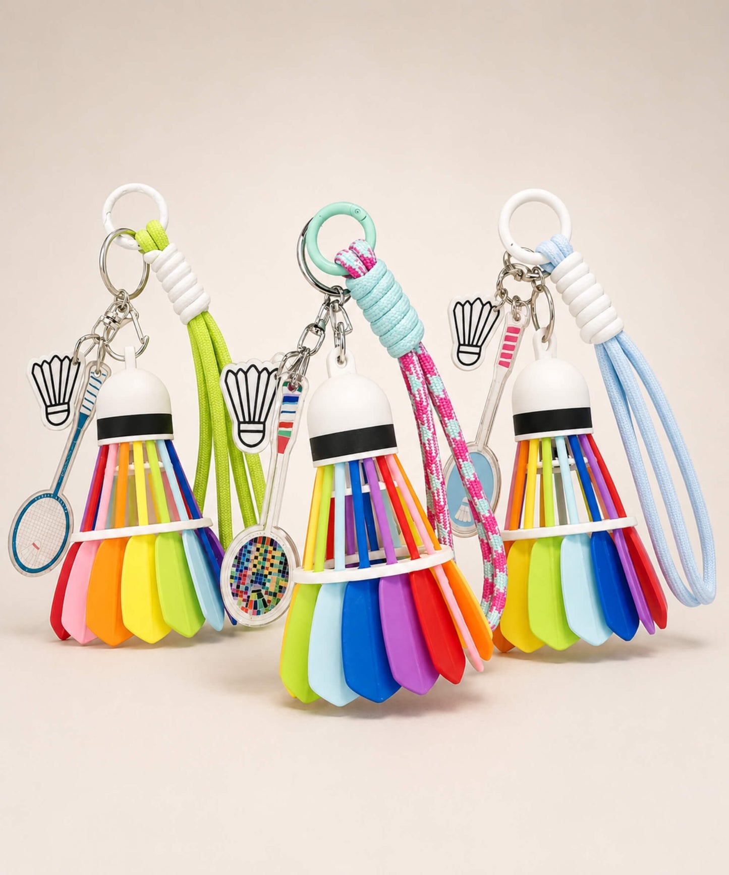 Three badminton shuttlecock rope keychains in pink, green and blue displayed together on a neutral background