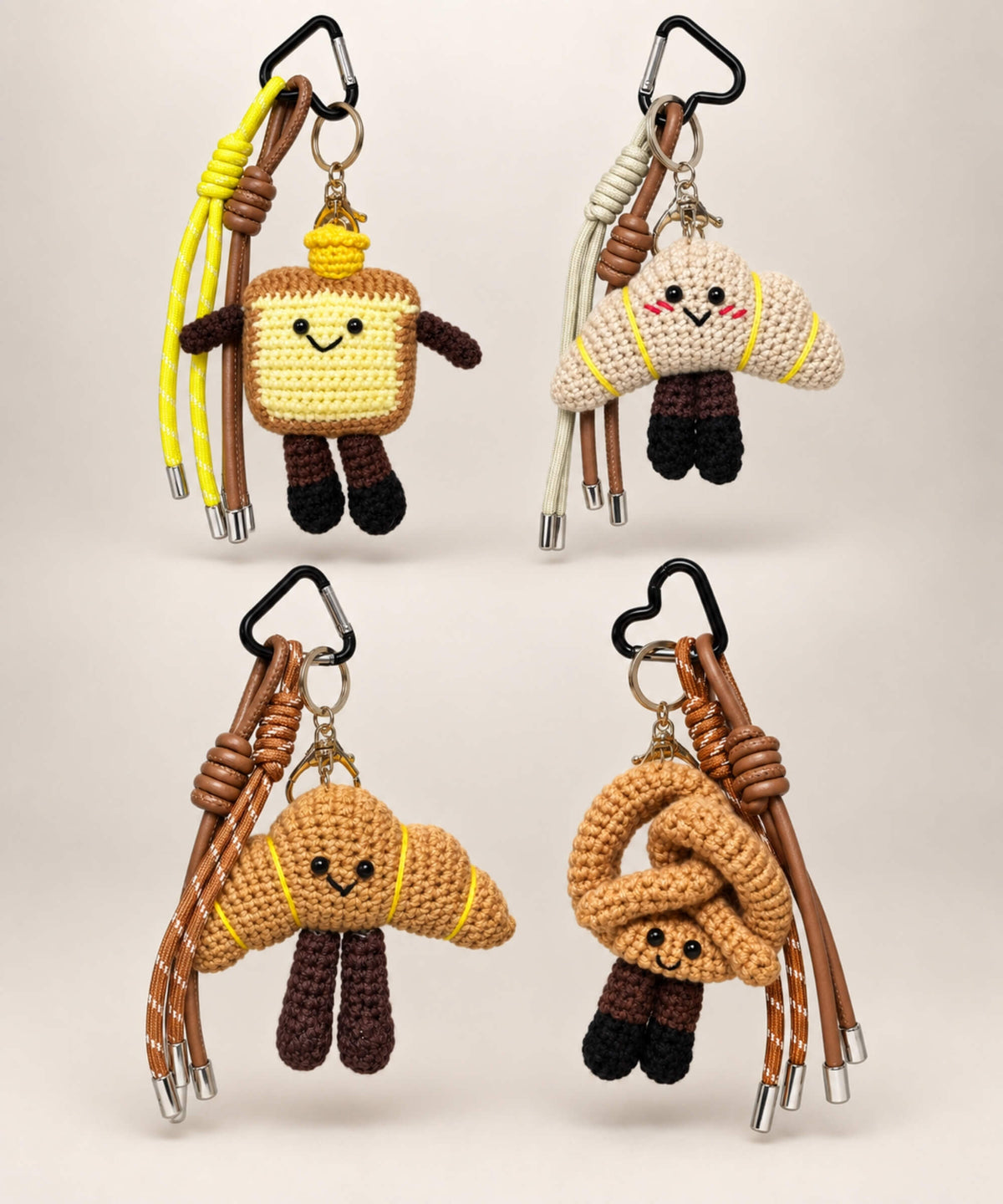 Bakery crochet keychain collection with toast croissant and pretzel character bag charms