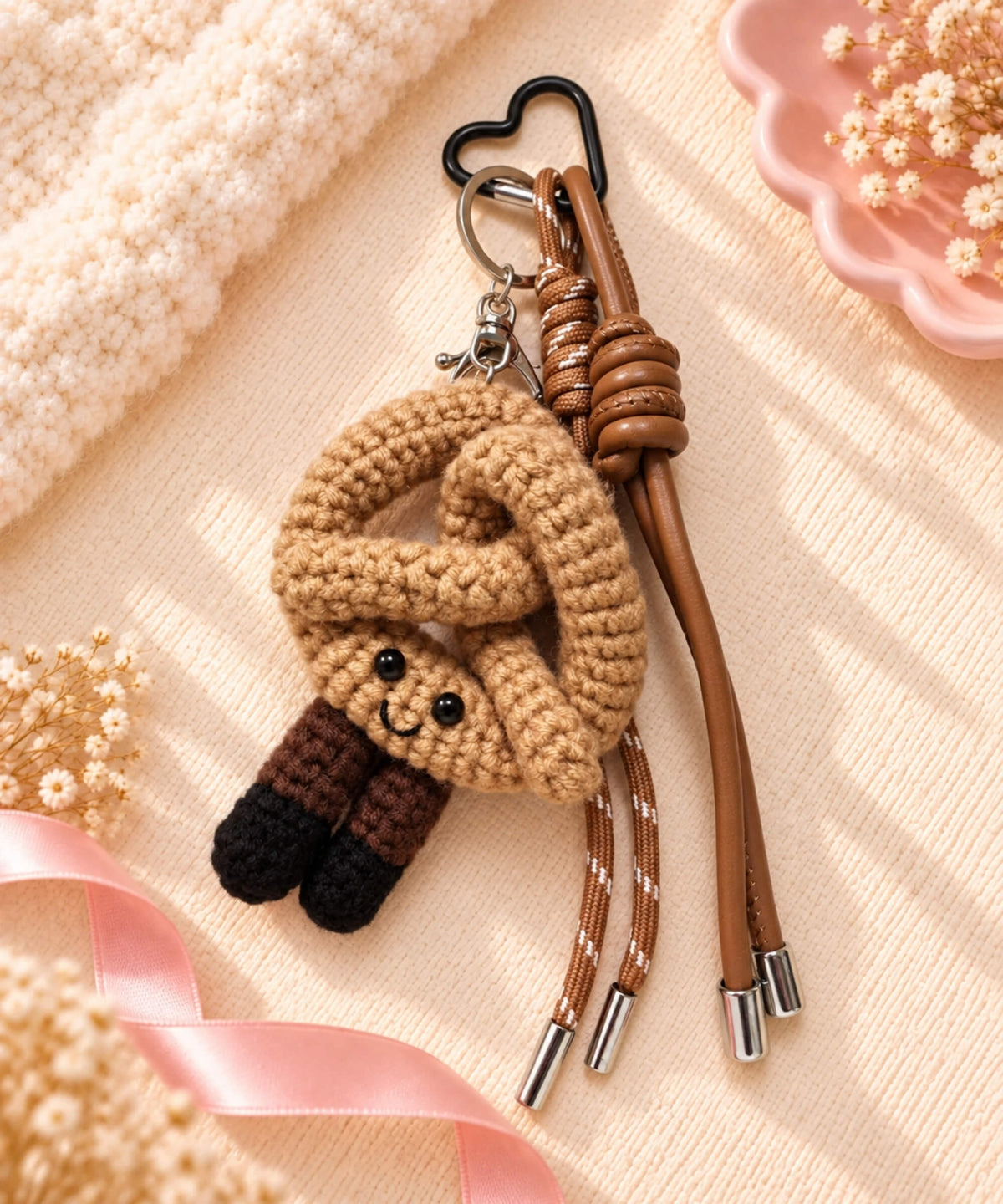 Pretzel bakery crochet keychain styled on warm neutral fabric with brown rope straps