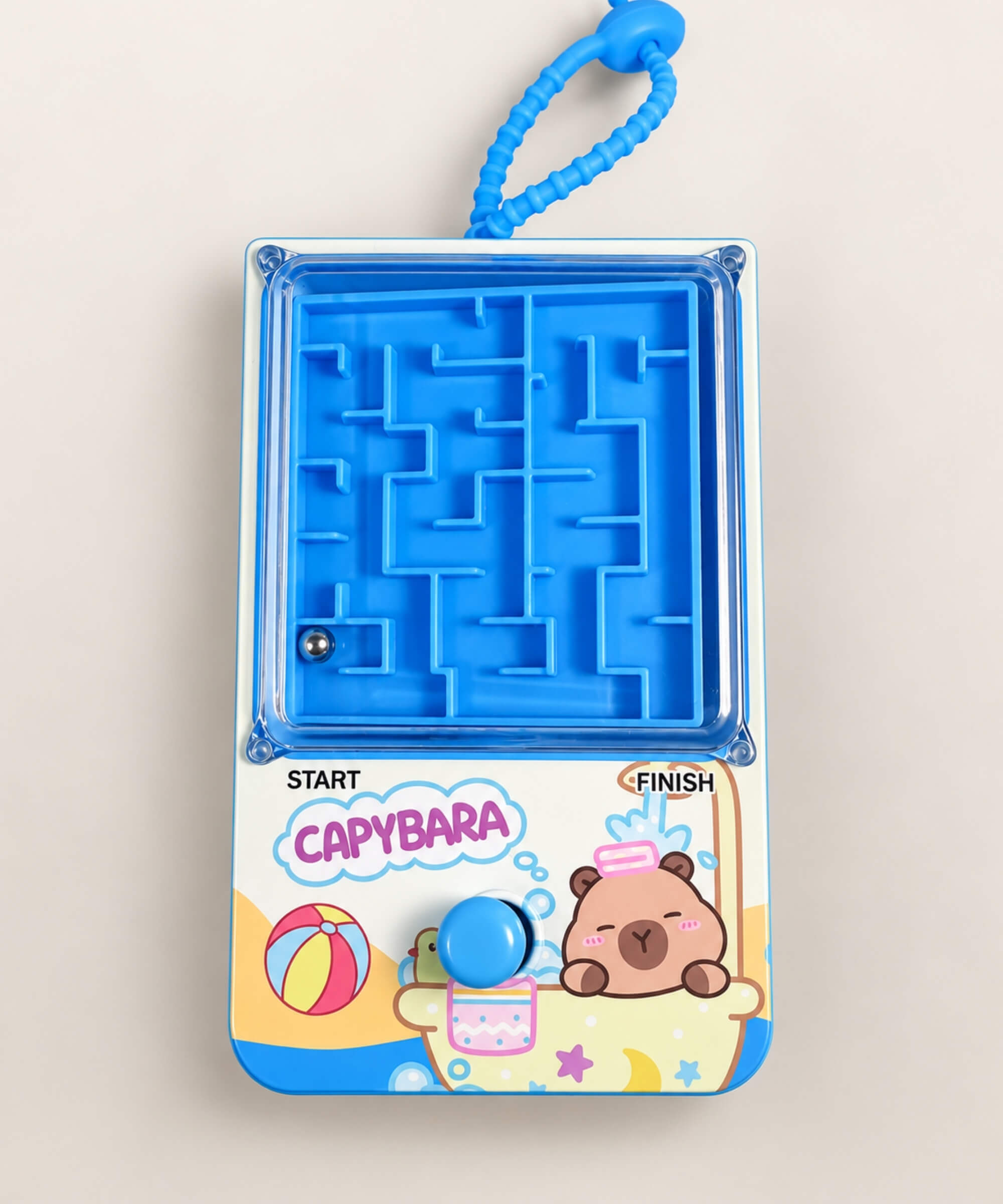 Blue Capybara Ball Maze Game Keychain with built-in metal ball