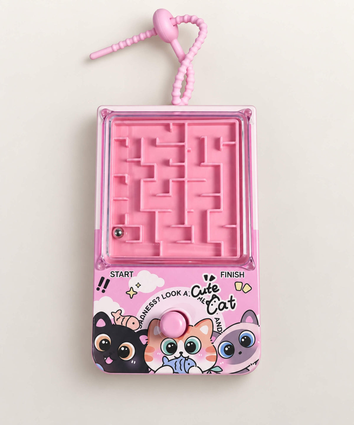 Pink Cat Ball Maze Game Keychain with start and finish maze