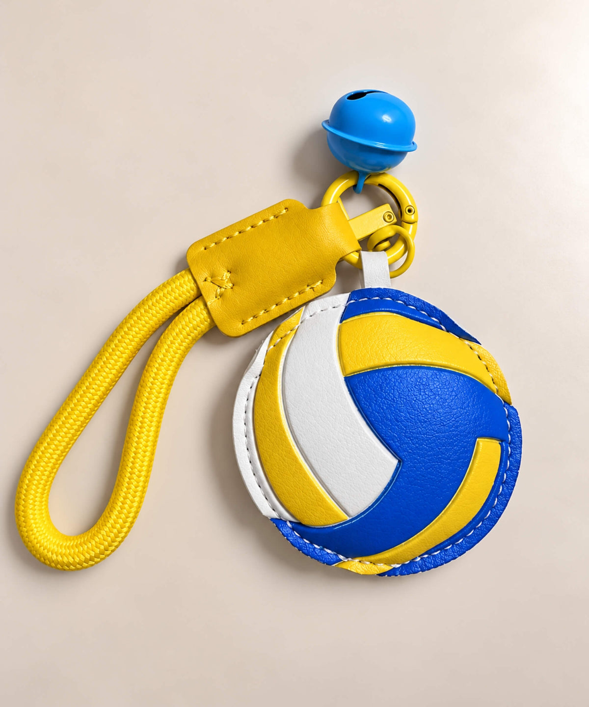 Volleyball PU leather-look bag charm keychain with yellow wrist strap