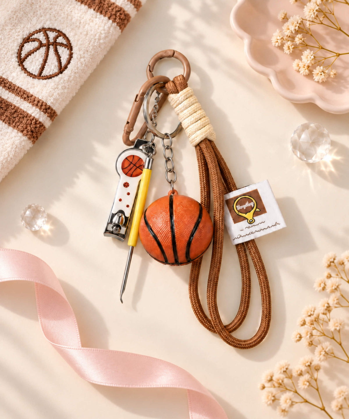 Basketball rope keychain with mini basketball charm, accessory charm and brown rope strap