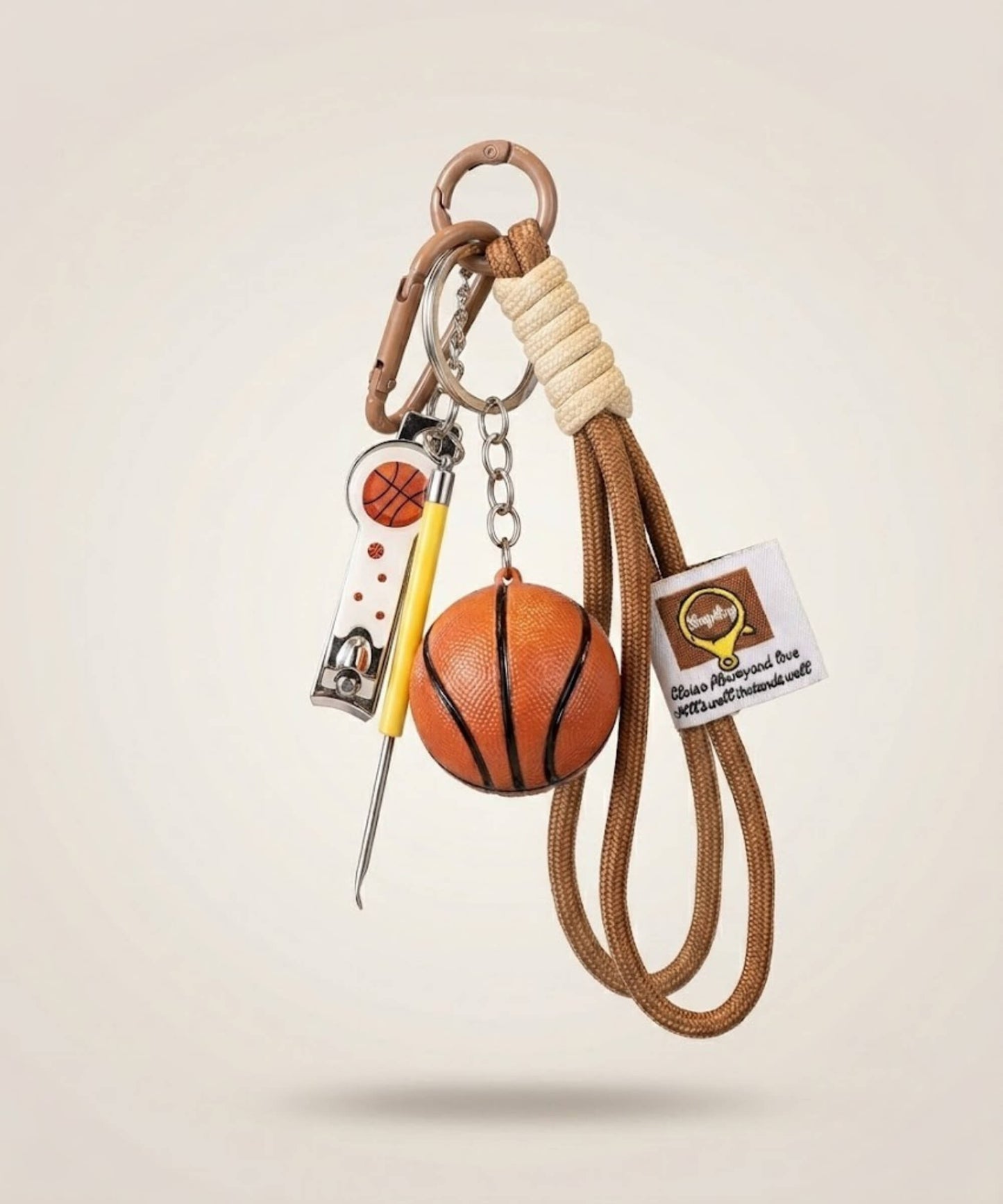 Basketball rope keychain with basketball charm, mini tool and brown rope strap